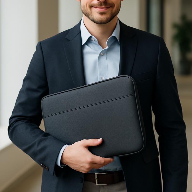 un homme avec un epochette de protection d'ordinateur portable